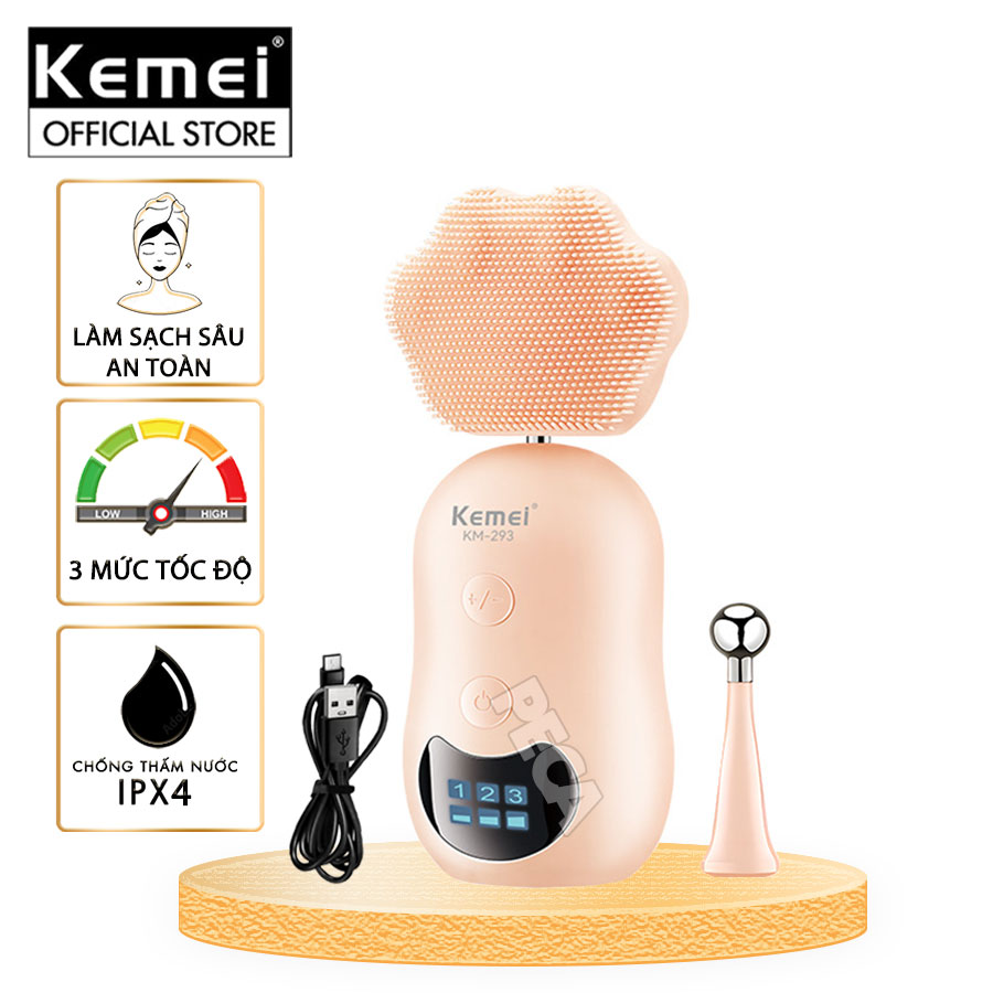 Máy rửa mặt đa năng 2in1 Kemei KM-293 điều chỉnh 3 mức tốc độ, kèm đầu lăn nâng cơ massage giảm thâm mắt - Hàng chính hãng