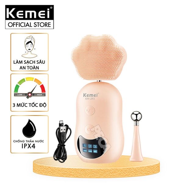 Máy rửa mặt đa năng 2in1 Kemei KM-293 điều chỉnh 3 mức tốc độ, kèm đầu lăn nâng cơ massage giảm thâm mắt - Hàng chính hãng