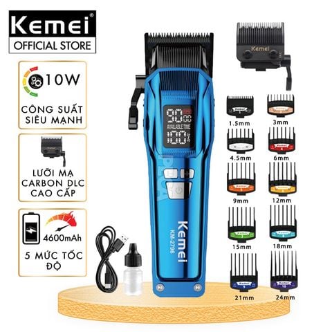 Tông đơ cắt tóc chuyên nghiệp Kemei KM-2796 lưỡi cắt mạ carbon DLC cao cấp có động cơ không chổi than màn hình LCD hiển thị công suất 10W - Tặng kèm lưỡi thay - Chính hãng