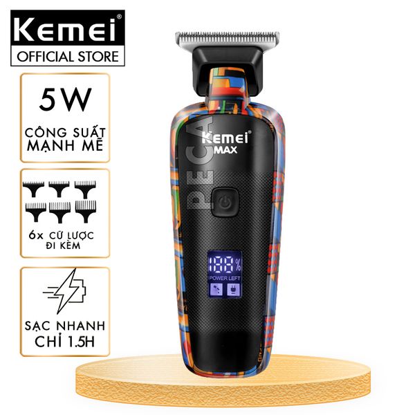 Tông đơ chấn viền Kemei KM-MAX5090 màn hình LCD hiển thị chuyên nghiệp sạc nhanh USB kèm theo 6 cữ lược tiện lợi cắt tóc - Hàng chính hãng
