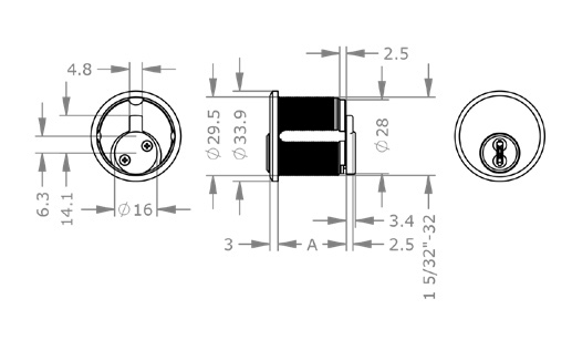  EVVA 4KS - Mortise Lock AZ30RM - Ruột Khóa Tròn Có Ren Vặn 