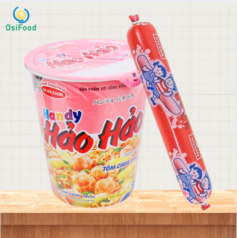 Combo Mì Handy Hảo Hảo tôm chua cay ly 67g+Xúc xích heo Vissan 40g
