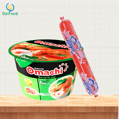 Combo Mì Omachi lẩu tôm càng tô 92g+Xúc xích heo Vissan 40g