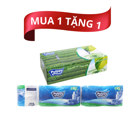 Combo -GVS Pulppy xanh 2L 2cx5 + Khăn giấy hộp Pulppy trà xanh 100M