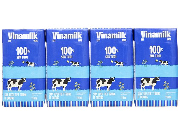 Sữa tươi tiệt trùng Vinamilk 100% ít đường 4x110ml