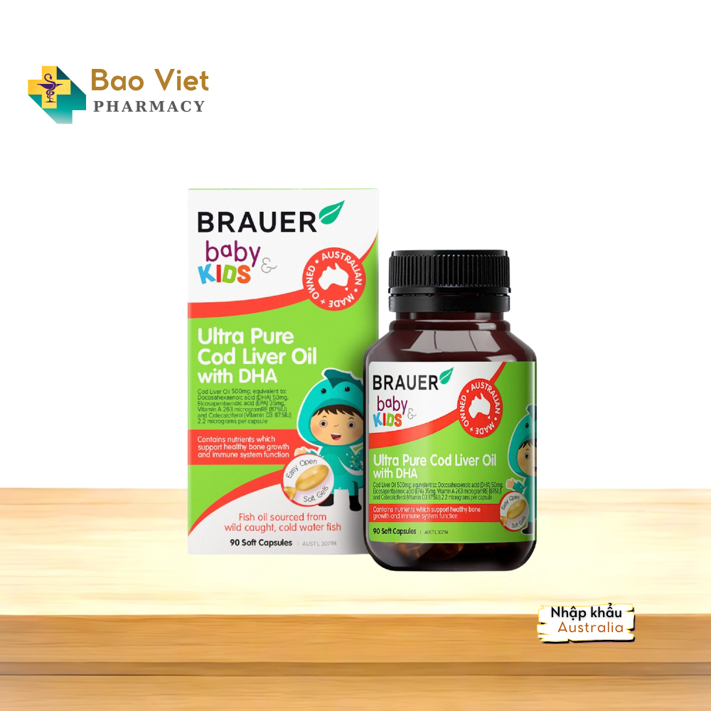  Viên uống BRAUER Baby & Kids Ultra Pure Cod Liver Oil with DHA cho trẻ từ 1 tuổi (90 viên) 