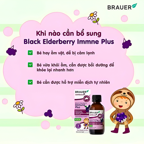  Brauer Black Elderberry Immune Plus chai 100ml hỗ trợ tăng sức đề kháng cho trẻ từ 2 tuổi 