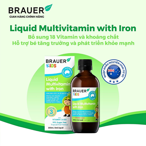  "Brauer" Multivitamin with Iron chai 200ml - bổ sung vitamin tổng hợp và sắt cho trẻ từ 3 tuổi hỗ trợ tăng cường sức khỏe 