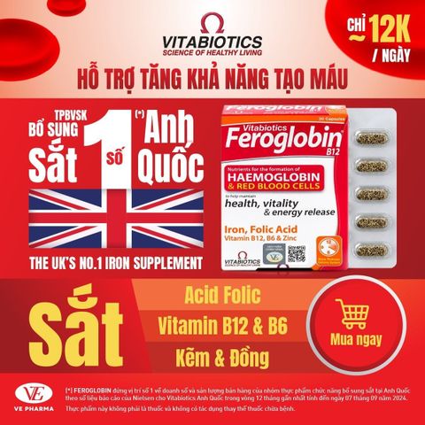  Viên uống hỗ trợ tăng khả năng tạo máu Vitabiotics Feroglobin B12 (30 viên) 