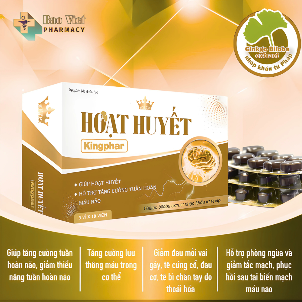  Hoạt huyết Kingphar - Tăng cường tuần hoàn máu, giảm đau đầu, mất ngủ, tăng cường trí nhớ (hộp 3 vỉ x 10 viên) 