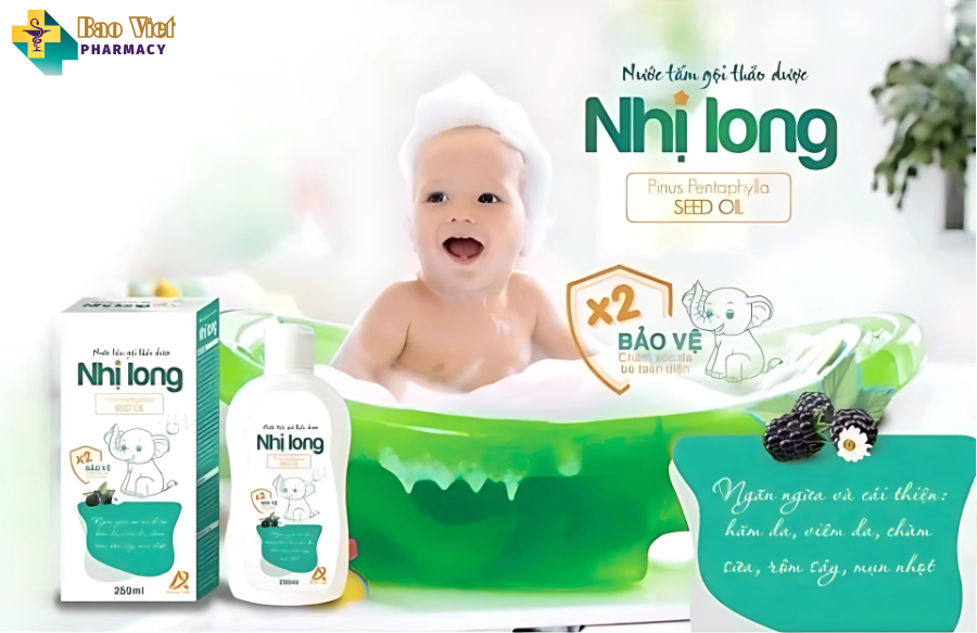  Bột tắm Nhị Long hộp 12 gói 3g và Nước tắm Nhị Long chai 250ml 