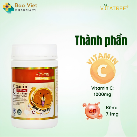  Vitatree Vitamin C 1000mg with ZinC lọ 100 viên nhai 