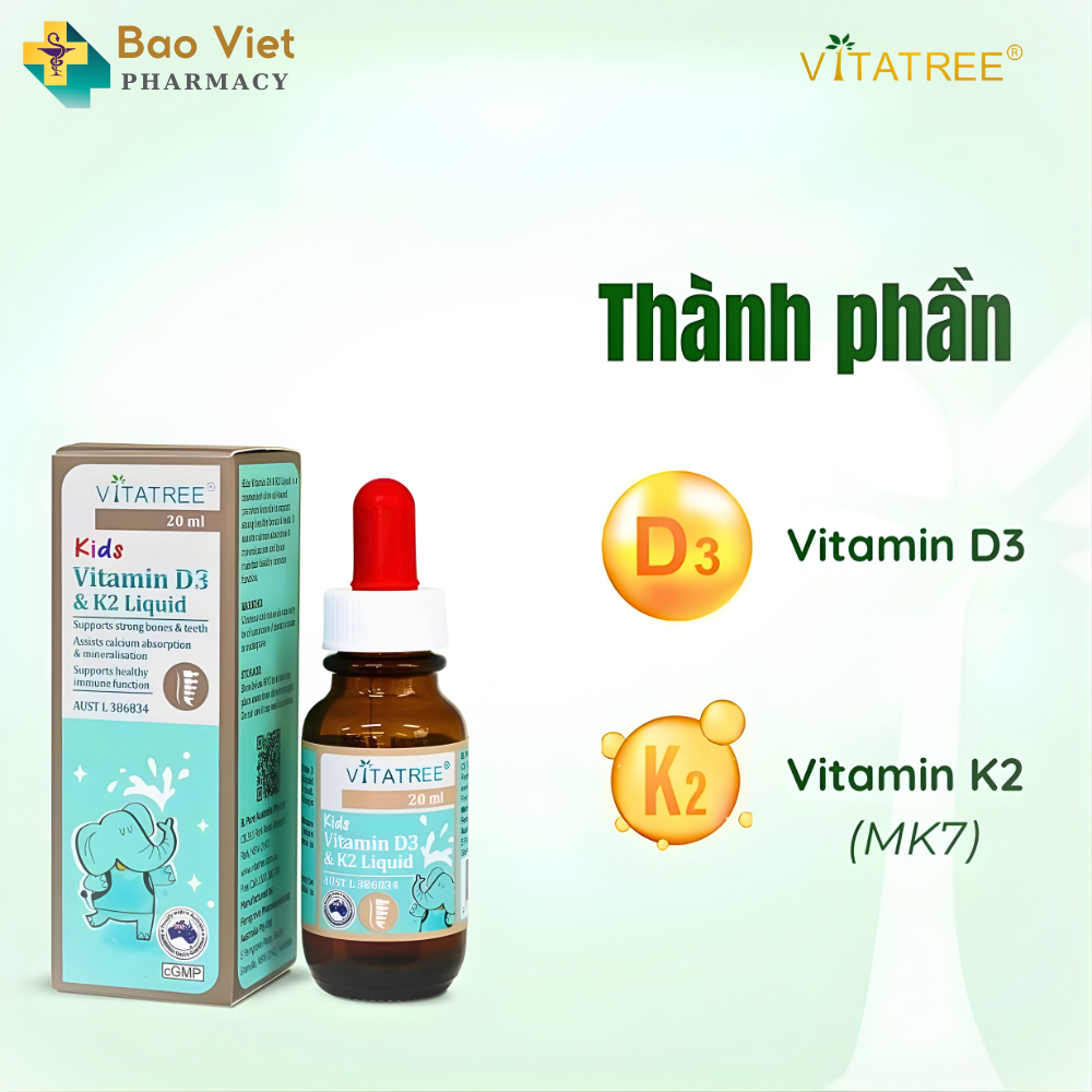  Viitatree Kids Vitamin D3 & K2 Liquid Bổ sung D3 – K2 Hỗ trợ hấp thu canxi chai 20ml 