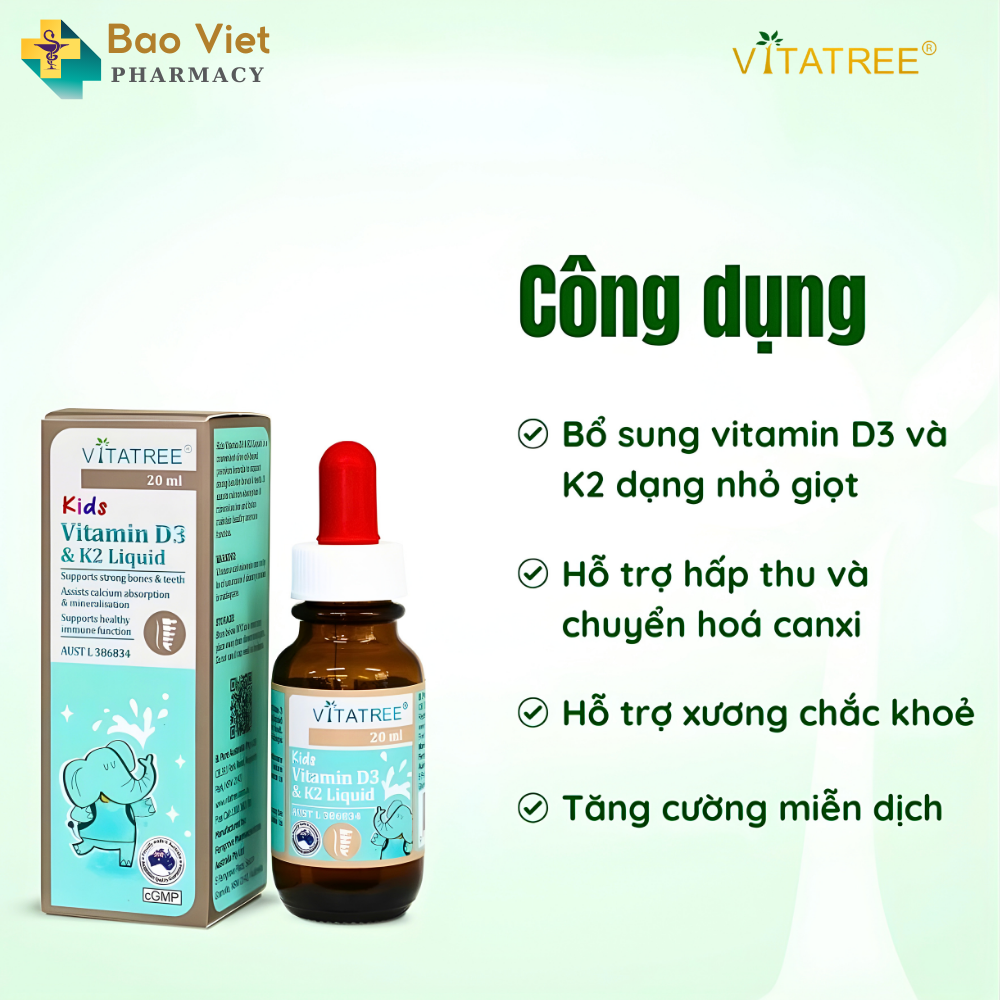  Viitatree Kids Vitamin D3 & K2 Liquid Bổ sung D3 – K2 Hỗ trợ hấp thu canxi chai 20ml 
