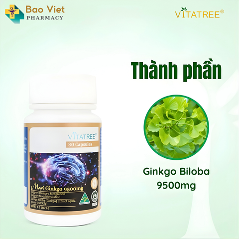  Viên uống bổ não Vitatree Maxi Ginkgo 9500mg Hộp 30 viên  và 60 viên 