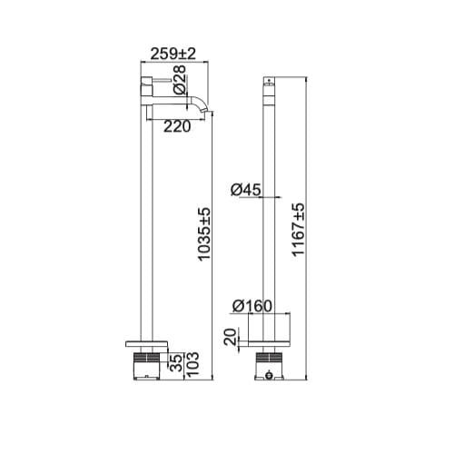  Vòi chậu lavabo chân dài gắn sàn cao 1150mm bằng đồng Cari - 810211QH 