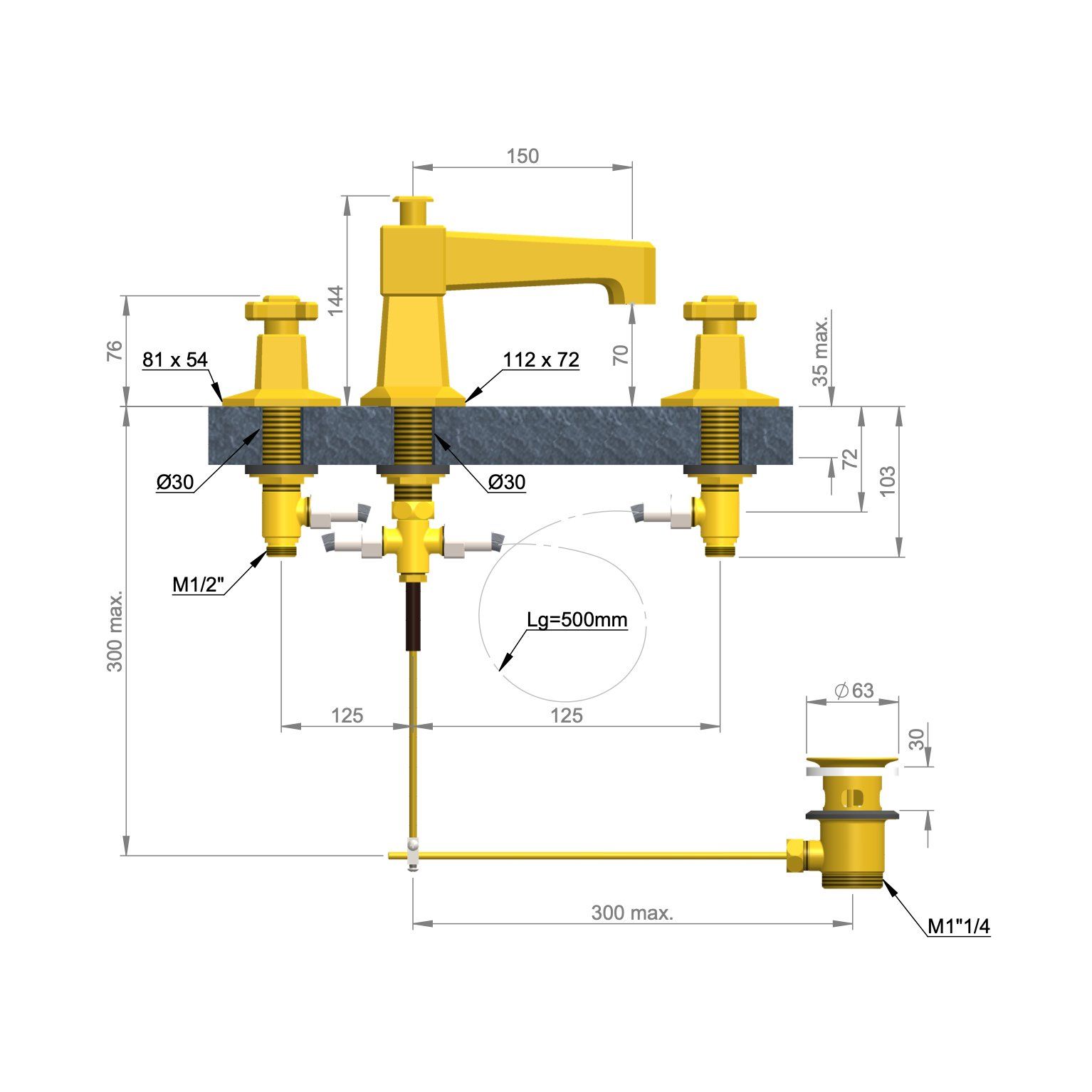  Vòi chậu lavabo 3 lỗ bằng đồng Art Déco 