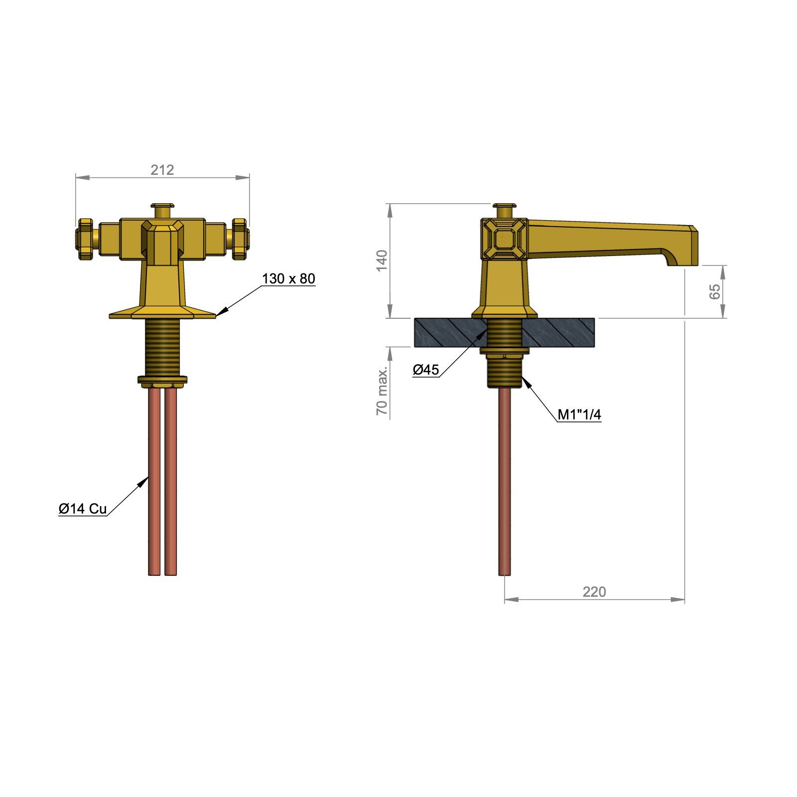  Vòi bồn tắm nóng lạnh gắn thành bằng đồng Art Déco 