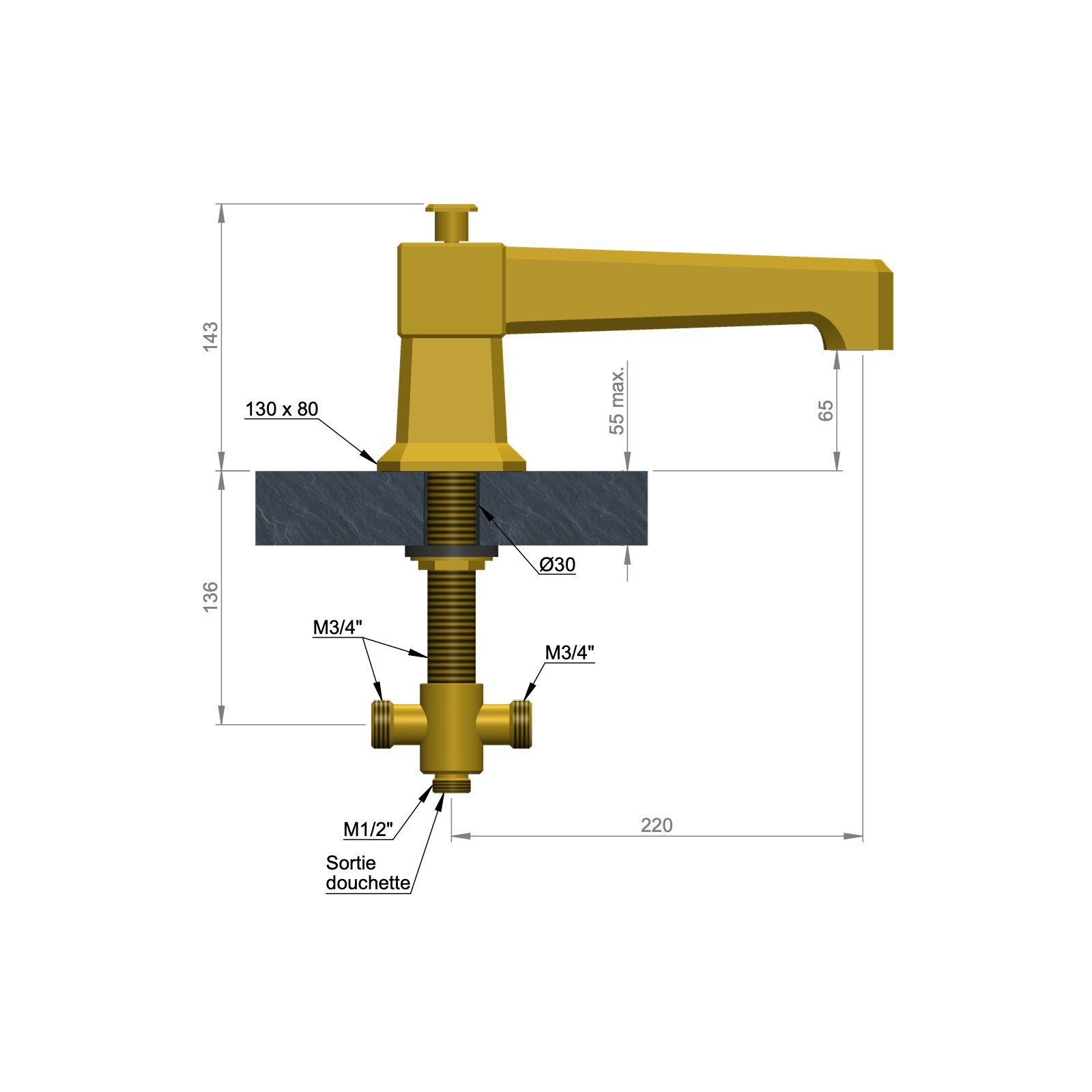  Vòi bồn tắm nước lạnh gắn thành bằng đồng Art Déco 