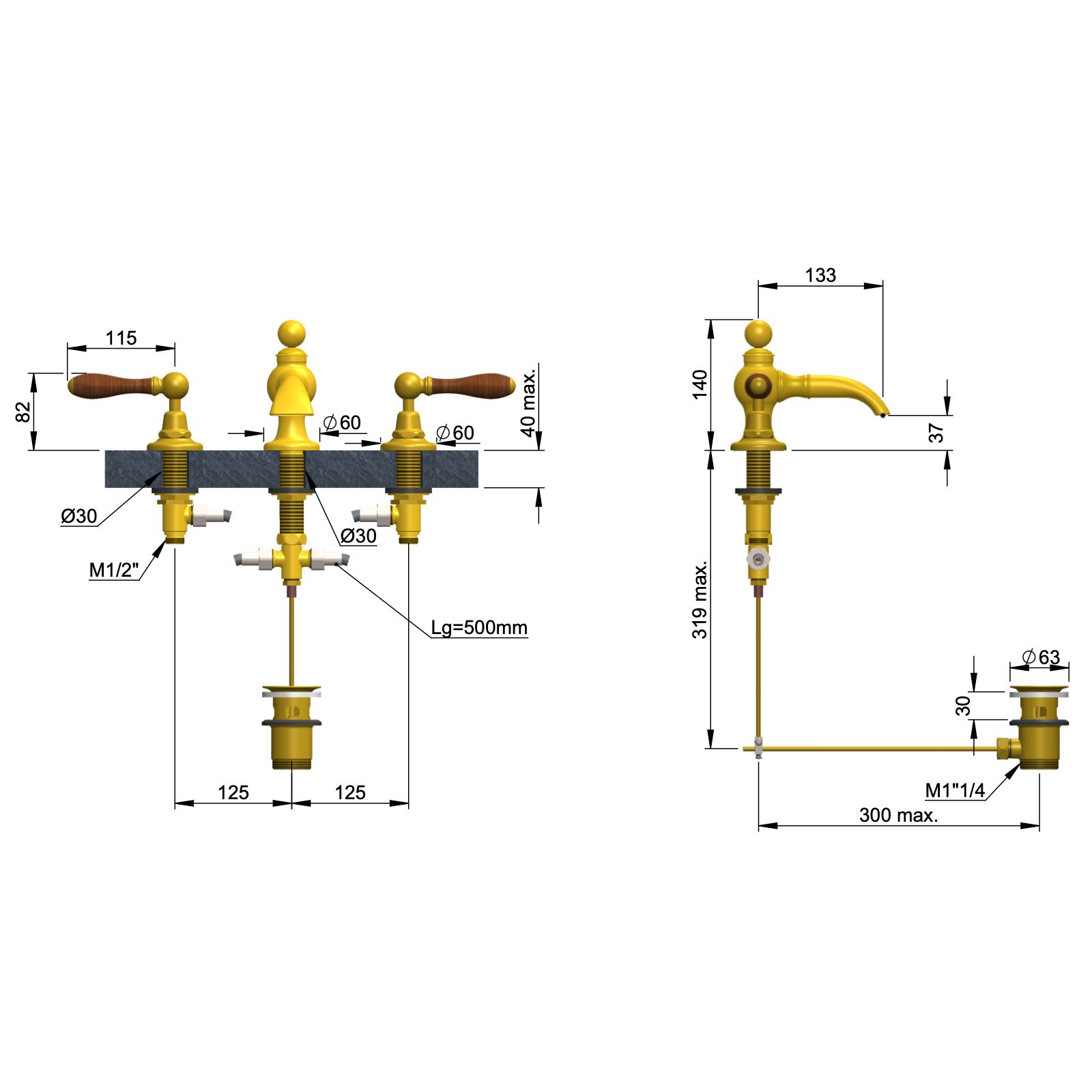  Vòi chậu lavabo 3 lỗ bằng đồng Carpe & Lyre - C/00-C1-P1 