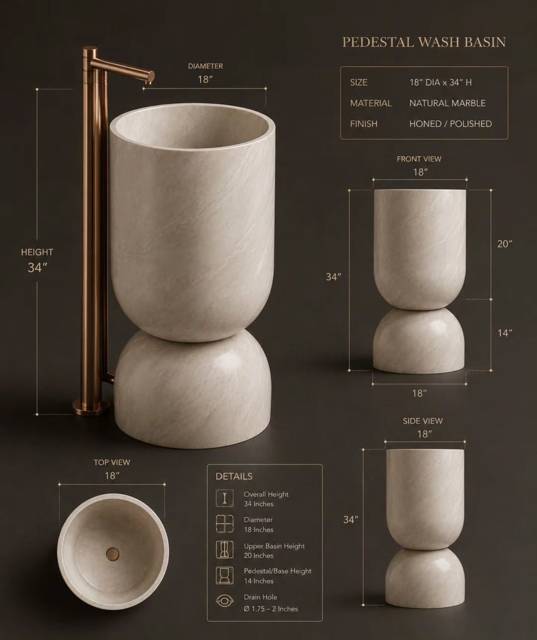  Chậu rửa mặt chân dài bằng đá marble tự nhiên - Casa Lusso 