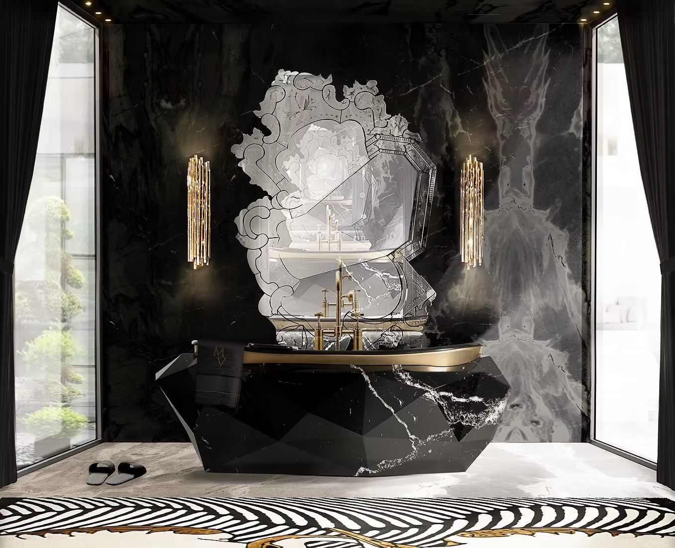  Bồn tắm Diamond Black Faux Marbled Matt Gold 