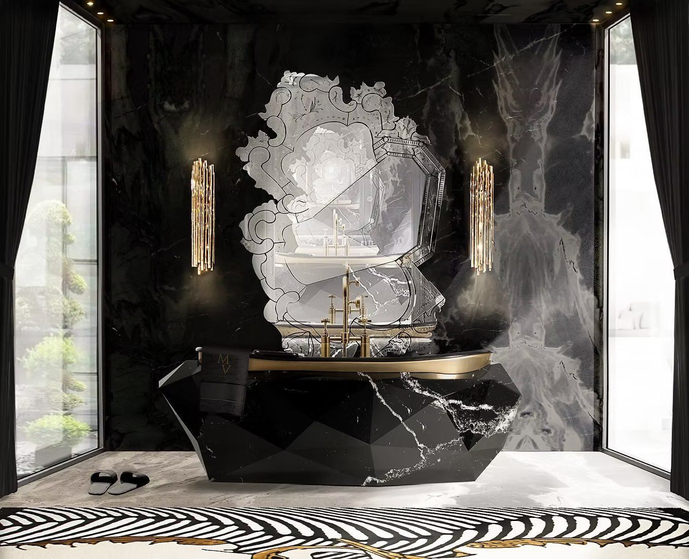  Bồn tắm Diamond Black Faux Marbled Glossy Gold 