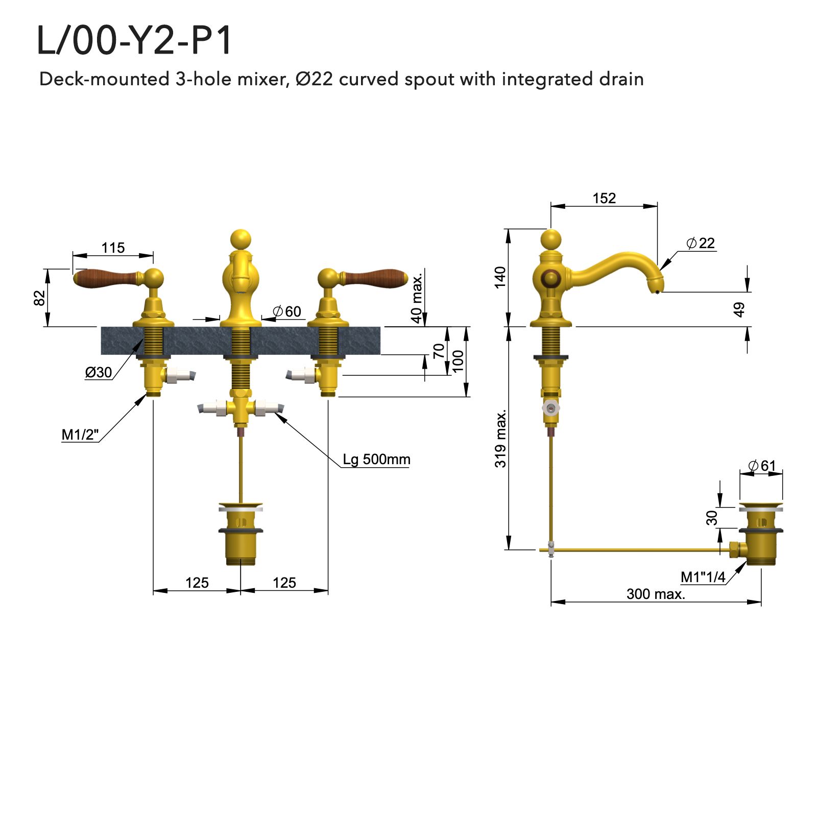  Vòi chậu lavabo 3 lỗ bằng đồng Carpe & Lyre - L/00-Y2-P1 