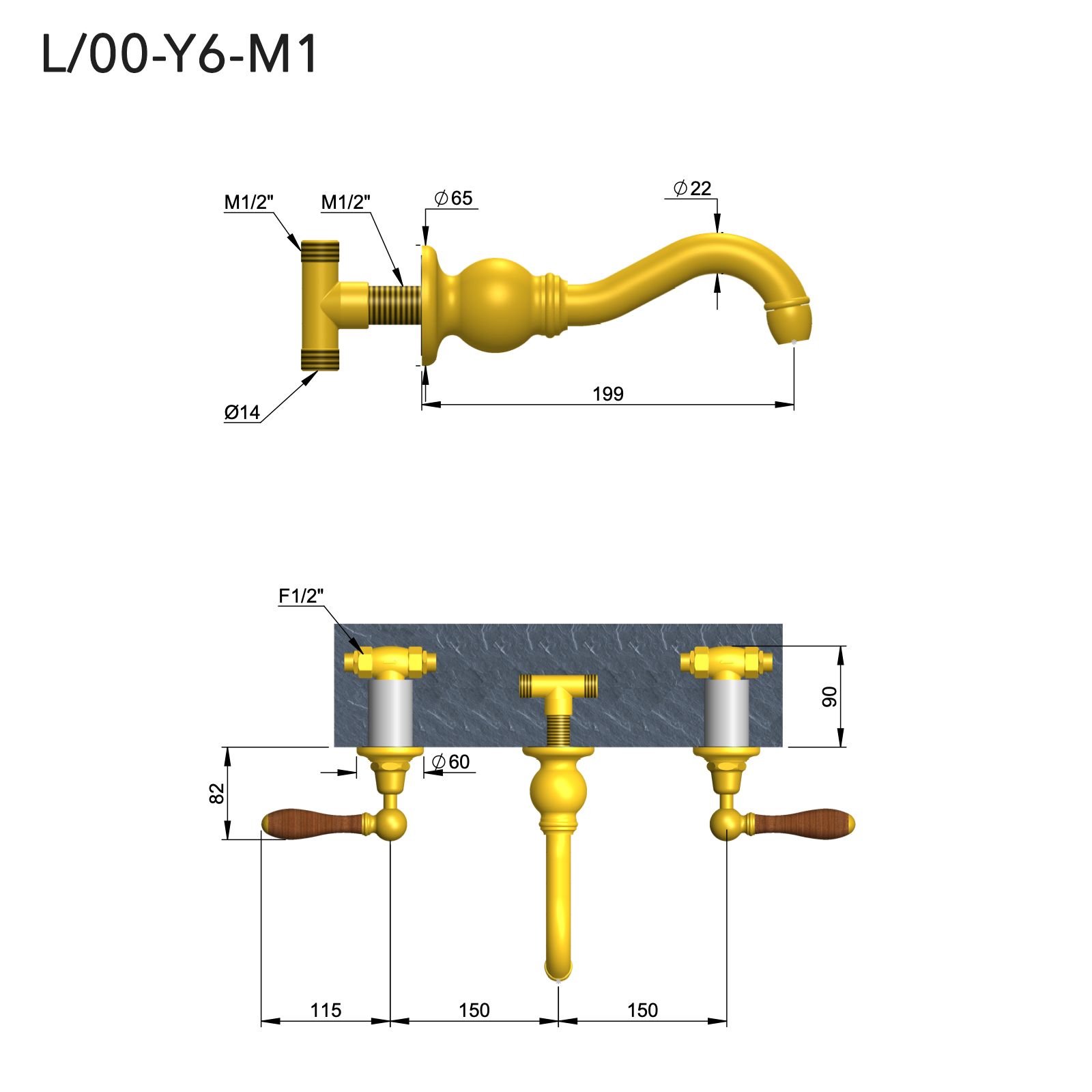  Vòi chậu lavabo gắn tường bằng đồng Carpe & Lyre - L / 00-Y6-M1 