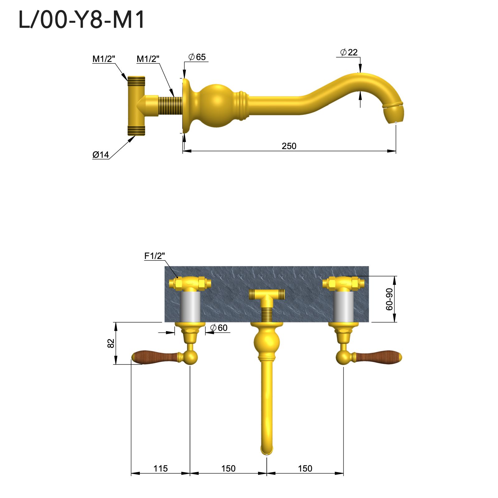  Vòi chậu lavabo gắn tường bằng đồng Carpe & Lyre - L / 00-Y6-M1 