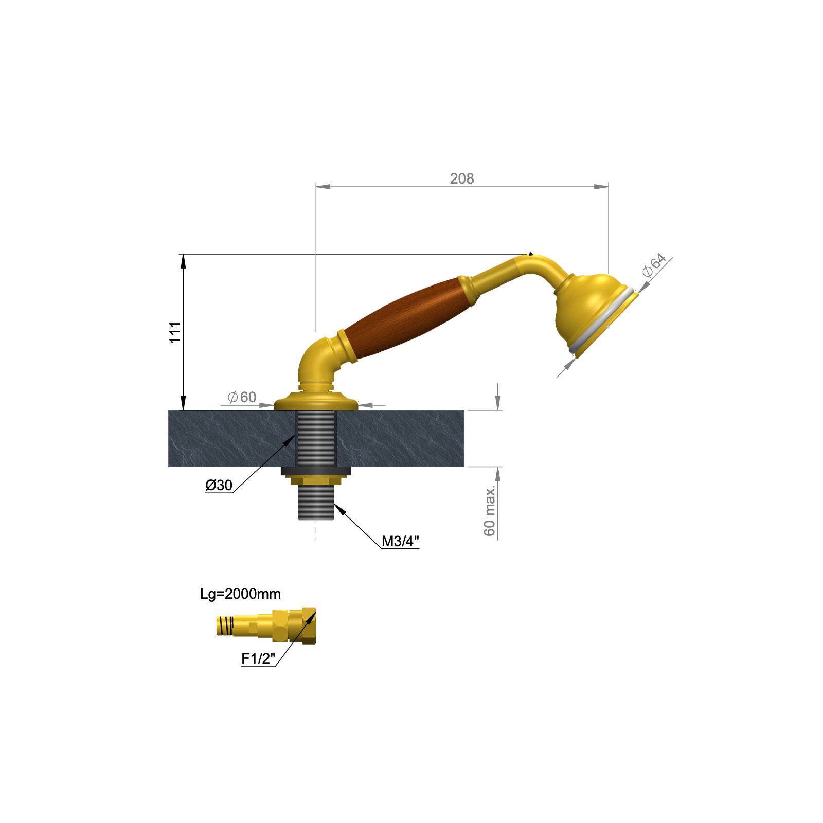  Vòi sen cầm tay gắn thành bồn tắm bằng đồng Carpe & Lyre - L / DT-00-01 