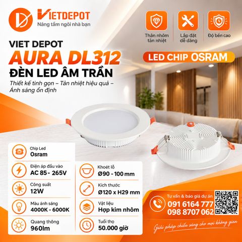  Đèn led dowlight chip led Osram Viet Depot Aura DL312 - 12W 
