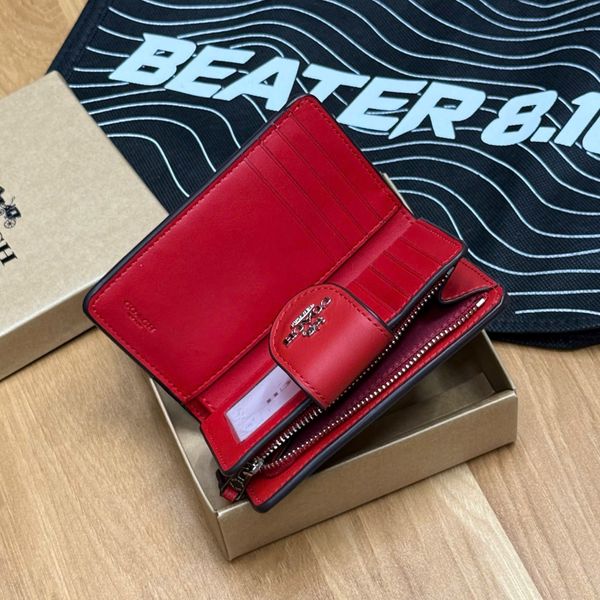 845 - Ví Coach Medium Corner Zip Wallet In Signature Canvas Khaki Red - C0082