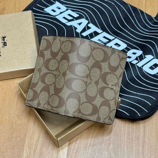 Ví Coach Medium Corner Zip Wallet In Signature Canvas Khaki Black - C0082 - 848