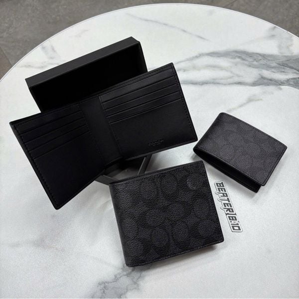 897 - Ví Coach Nam 3 In 1 Canvas Monogram Black Dáng Gập Vuông, Kèm Card Holder - CW380