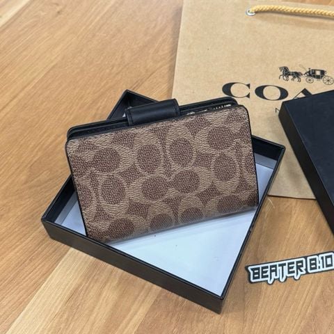 Ví Coach Medium Corner Zip Wallet Signature Tan Black Canvas - CW786 IMQRX - 1150