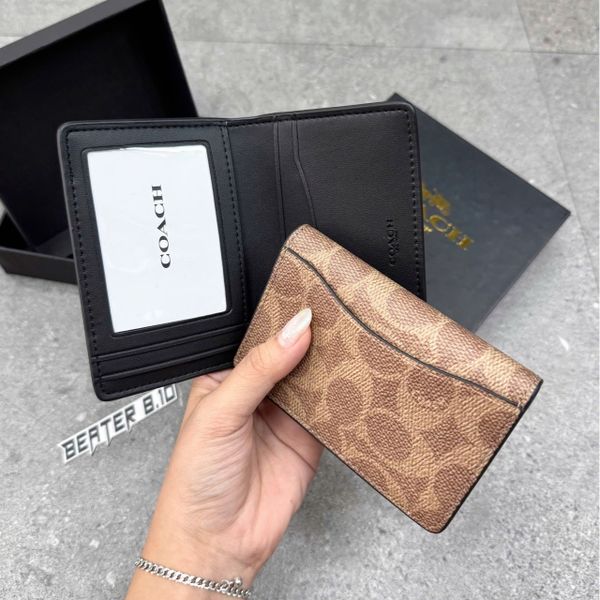 912 - Ví Coach Card Holder Signature Canvas Khaki - F2582 CW387