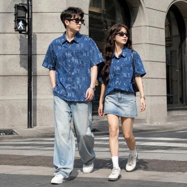Áo Sơ Mi MLB Denim Unisex Tay Ngắn Basic Multi Mega Logo Prints - 3ADRB0243-50INS - 1350