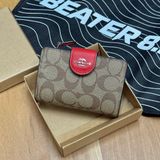 845 - Ví Coach Medium Corner Zip Wallet In Signature Canvas Khaki Red - C0082