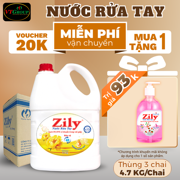 Nuoc rua tay Zily chai 4.7kg thung 3 chai