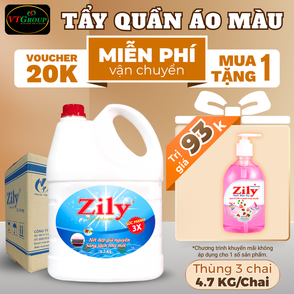 Nuoc tay quan ao mau Zily chai 4.7kg thung 3 chai