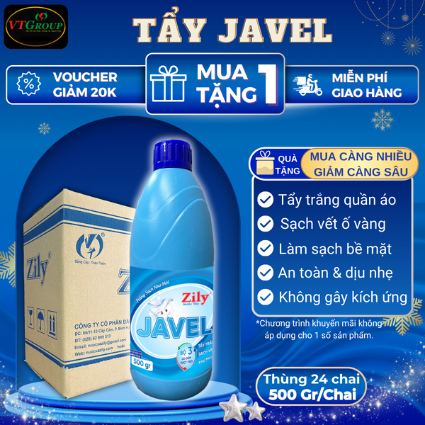 Nuoc tay trang Javel Zily chai 500g thung 24 chai