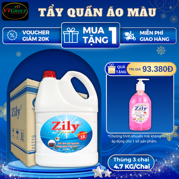 Nuoc tay quan ao mau Zily chai 4.7kg thung 3 chai