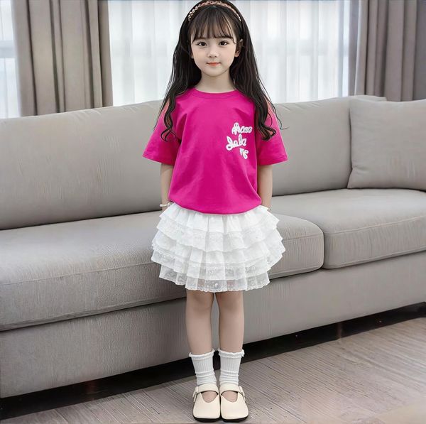 Set áo thun phối chân váy tầng lai ren dễ thương cho bé gái BGB124162