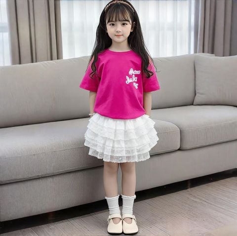 Set áo thun phối chân váy tầng lai ren dễ thương cho bé gái BGB124162