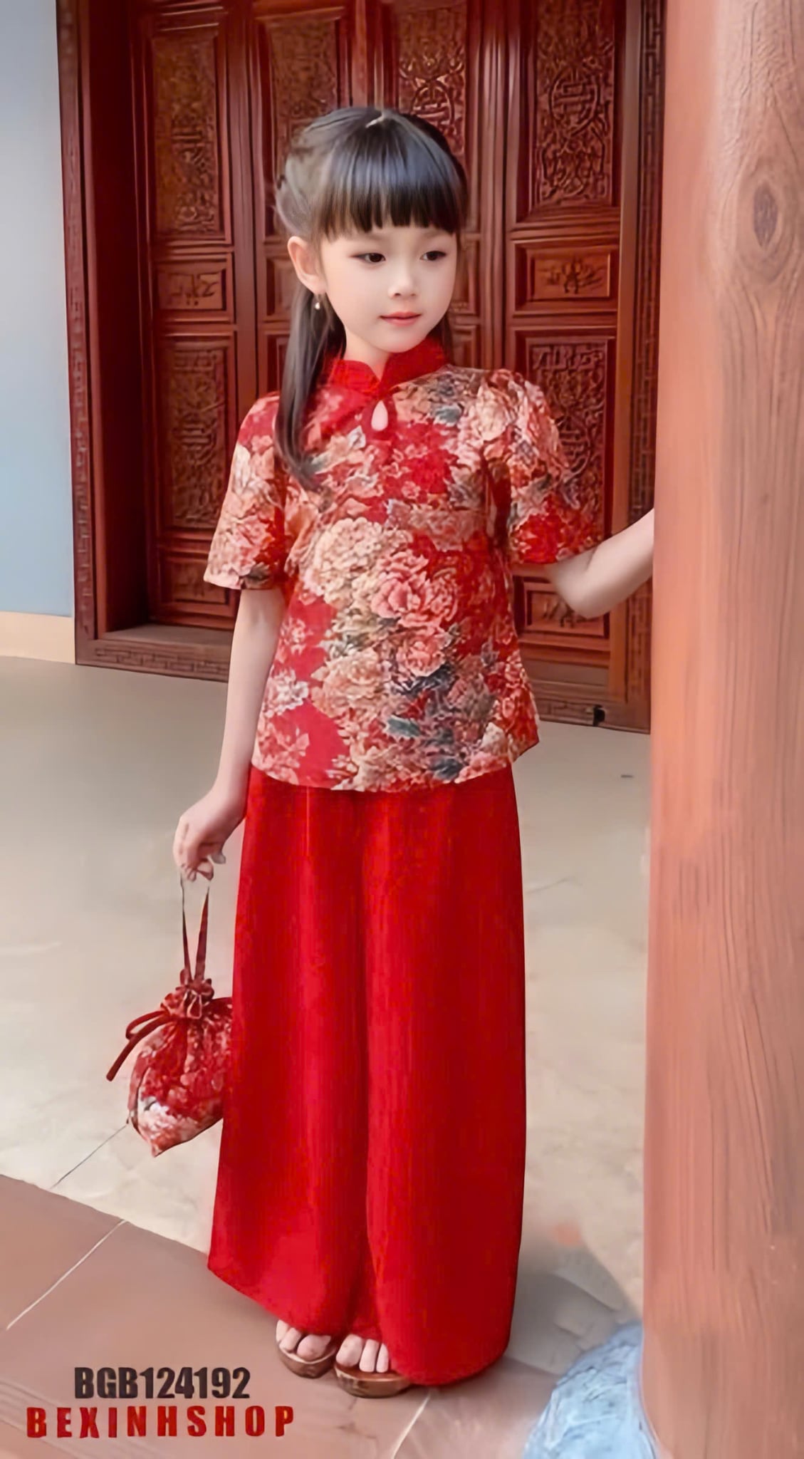 Set bà ba pháp phục gấm hoa hồng (KÈM TÚI) cao cấp cho bé gái đi chơi TRUNG THU BGB124192