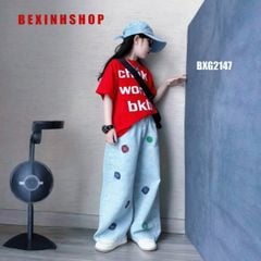 Set jean in chữ phối quần họa tiết cực ngầu cho bé gái BXG2146