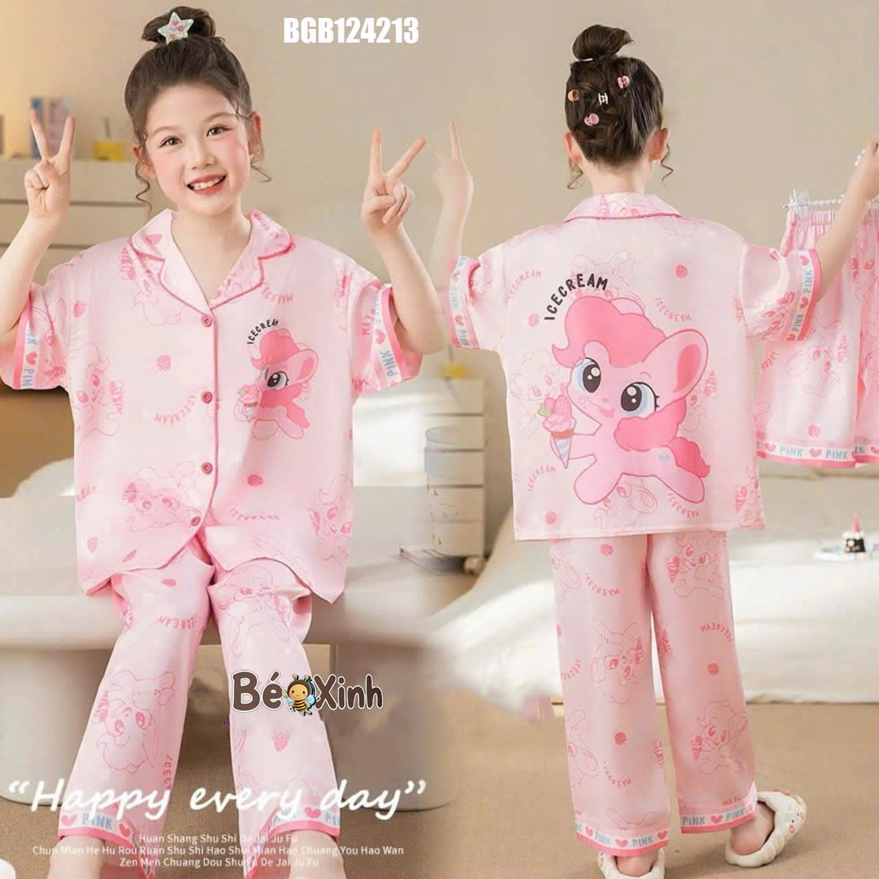 Set pijama lụa Quần Dài họa tiết hoạt hình dễ thương cho bé gái BGB124211