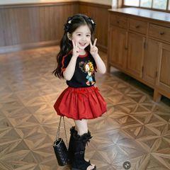 Set áo phối viền in cô gái cầm hoa chân váy bí dễ thương cho bé gái đi chơi BXG1612