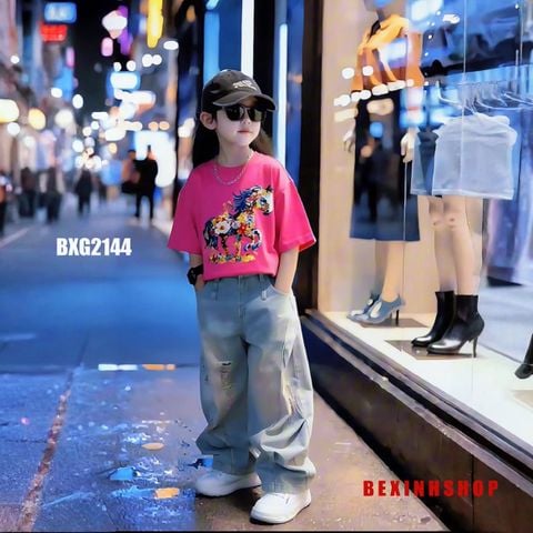 Set jean bé gái in NGỰA HOA quần dài BXG2144